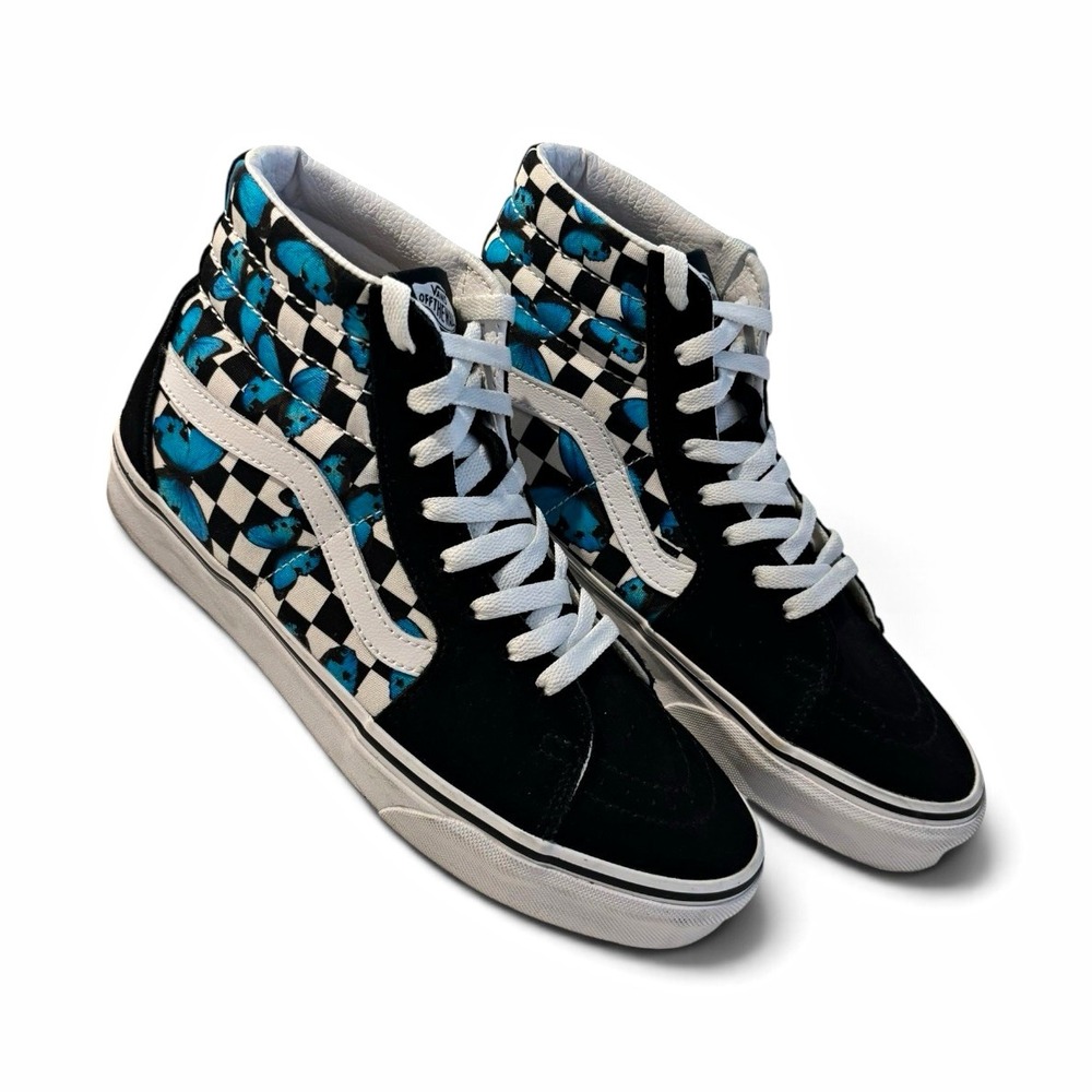 Vans Sk8-Hi Women's 9 Men's 7.5 Black White Checkerboard Blue Butterfly High Top